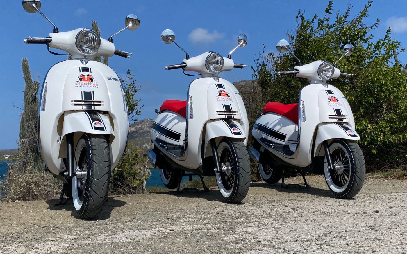 Three scooters, coastal overlook